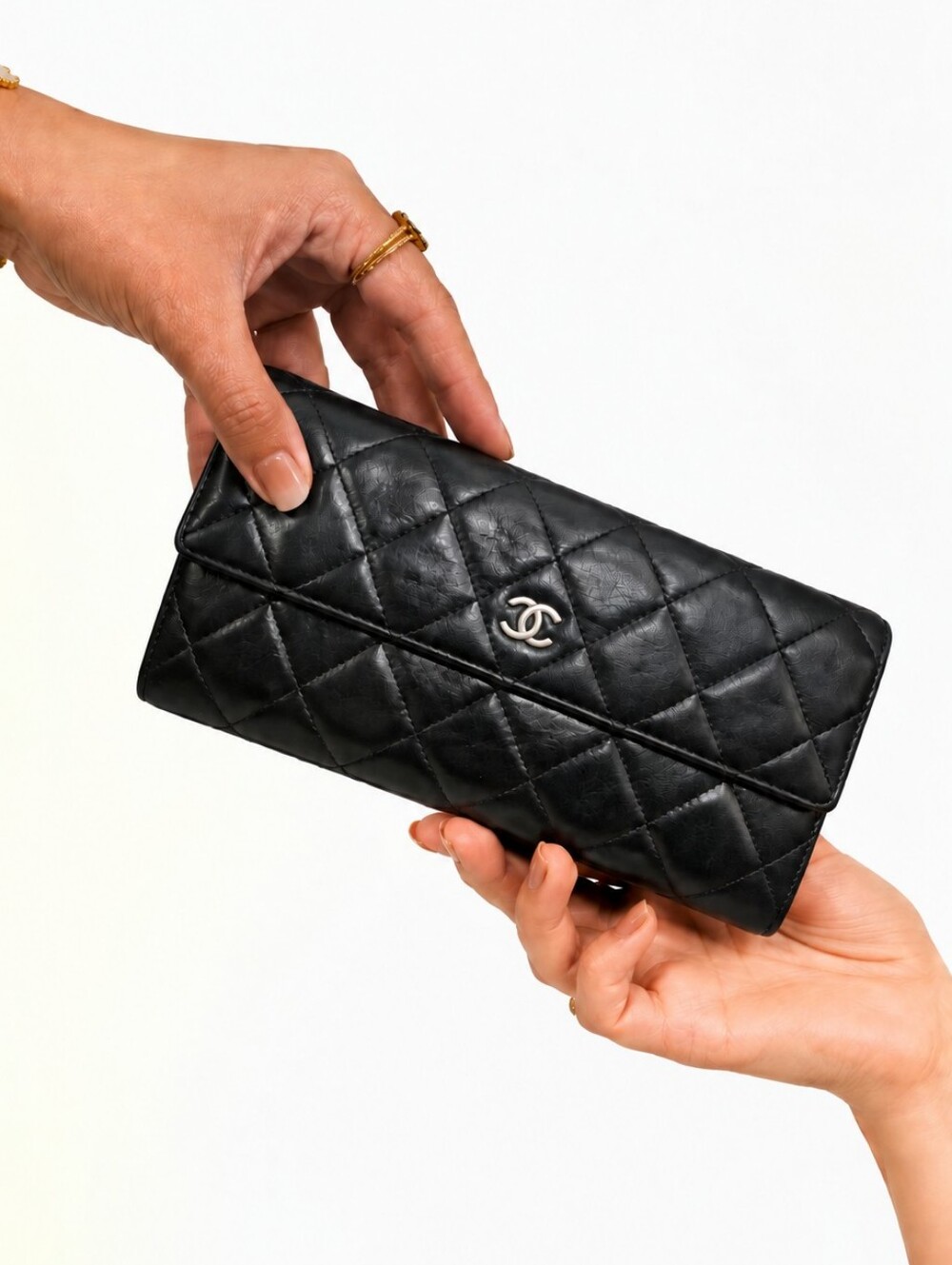 CHANEL Black Quilted Leather Flap Wallet with Silver CC